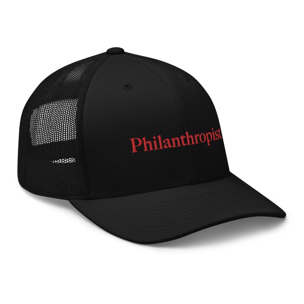 Black mesh trucker hat with red lettering philanthropist