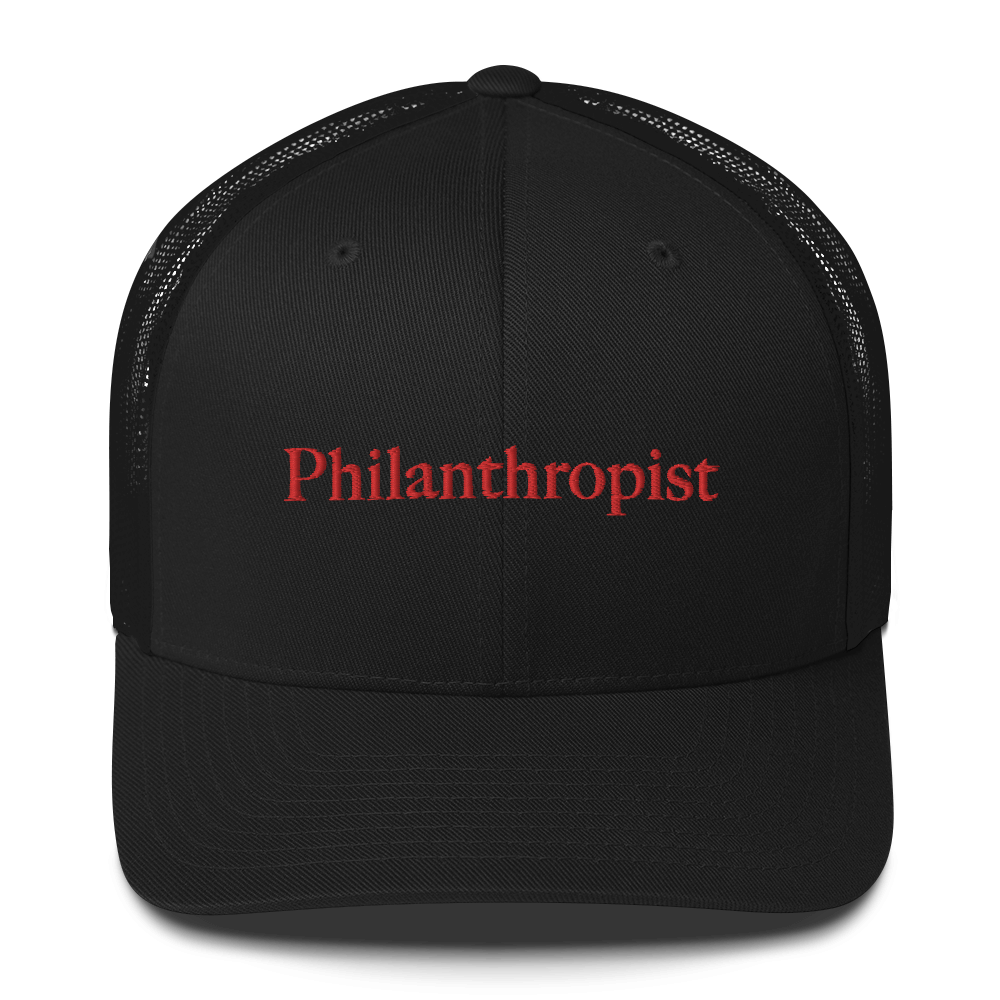 Black mesh trucker hat with red lettering philanthropist