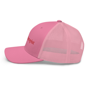Millennial Pink Ballcap with red thread font philanthropist mesh trucker hat