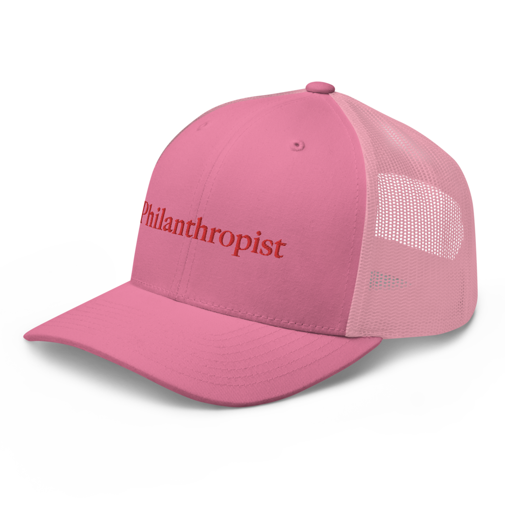 Millennial Pink Ballcap with red thread font philanthropist mesh trucker hat